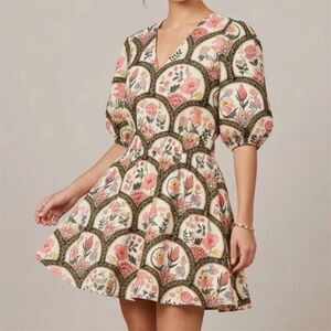 Christian Lacroix Dress Womens M Mini Flare Tie Back Floral Puff Sleeve New